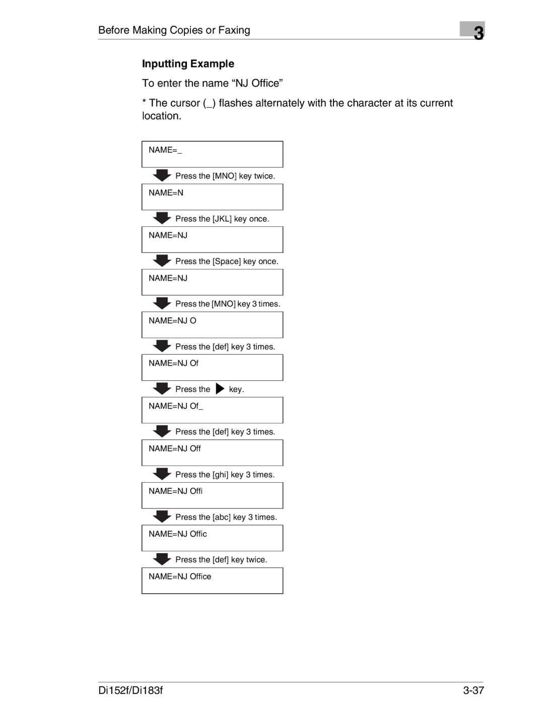 Minolta Di152 183 manual Inputting Example, Name=Nj O 