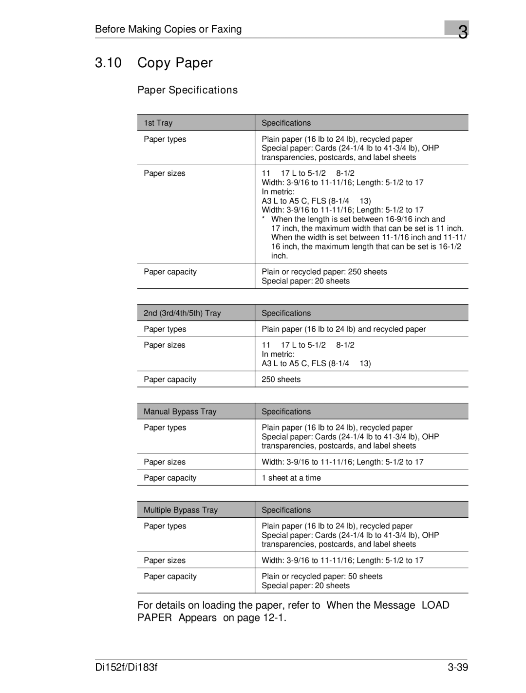 Minolta Di152 183 manual Copy Paper, Paper Specifications 