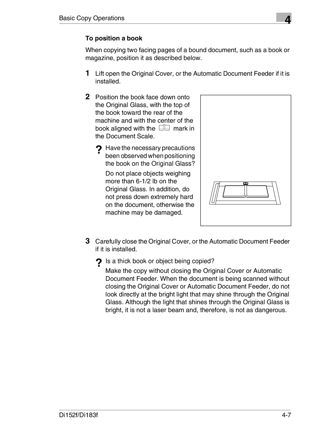 Minolta Di152 183 manual To position a book, ? Is a thick book or object being copied? 