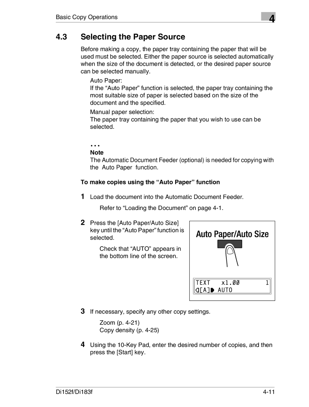 Minolta Di152 183 manual Selecting the Paper Source, To make copies using the Auto Paper function 