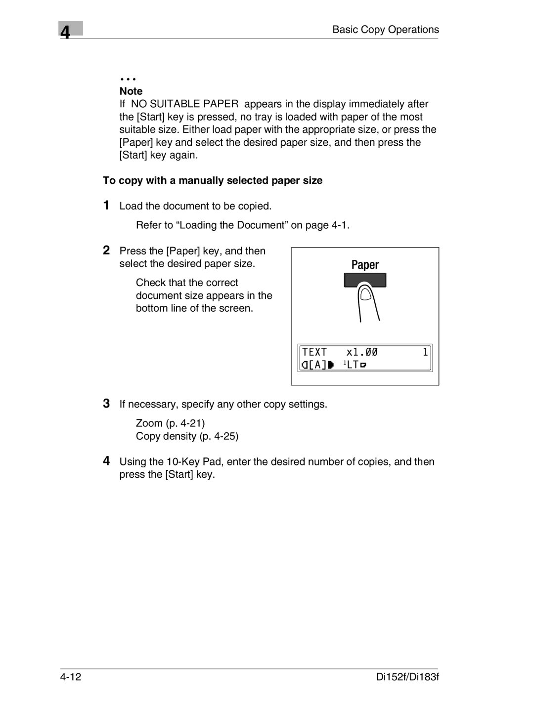 Minolta Di152 183 To copy with a manually selected paper size 