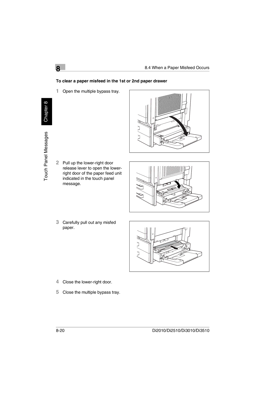 Minolta Di3510, DI2510, DI2010, DI3010 user manual To clear a paper misfeed in the 1st or 2nd paper drawer 