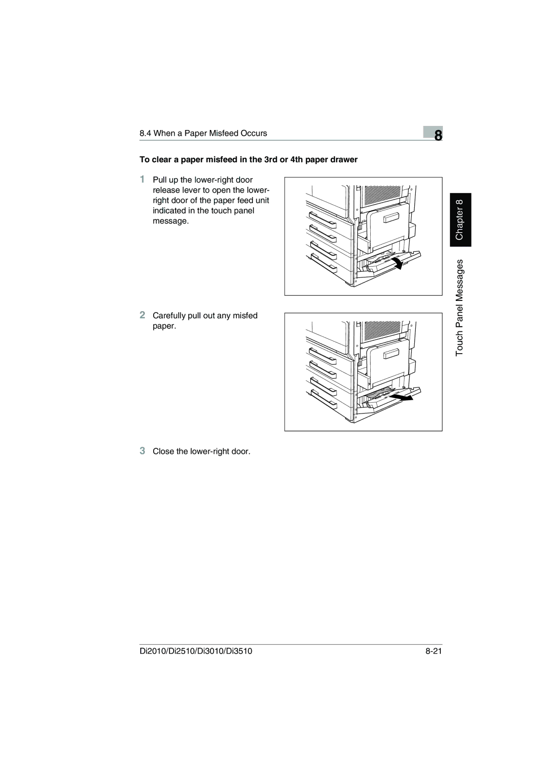 Minolta DI2510, DI2010, DI3010, Di3510 user manual To clear a paper misfeed in the 3rd or 4th paper drawer 