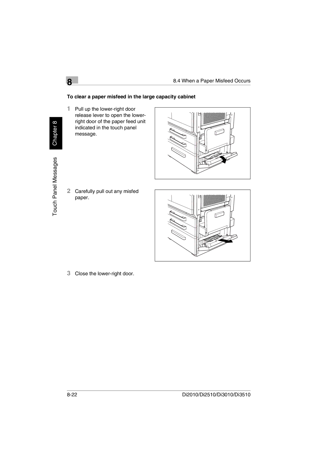 Minolta DI2010, DI2510, DI3010, Di3510 user manual To clear a paper misfeed in the large capacity cabinet 