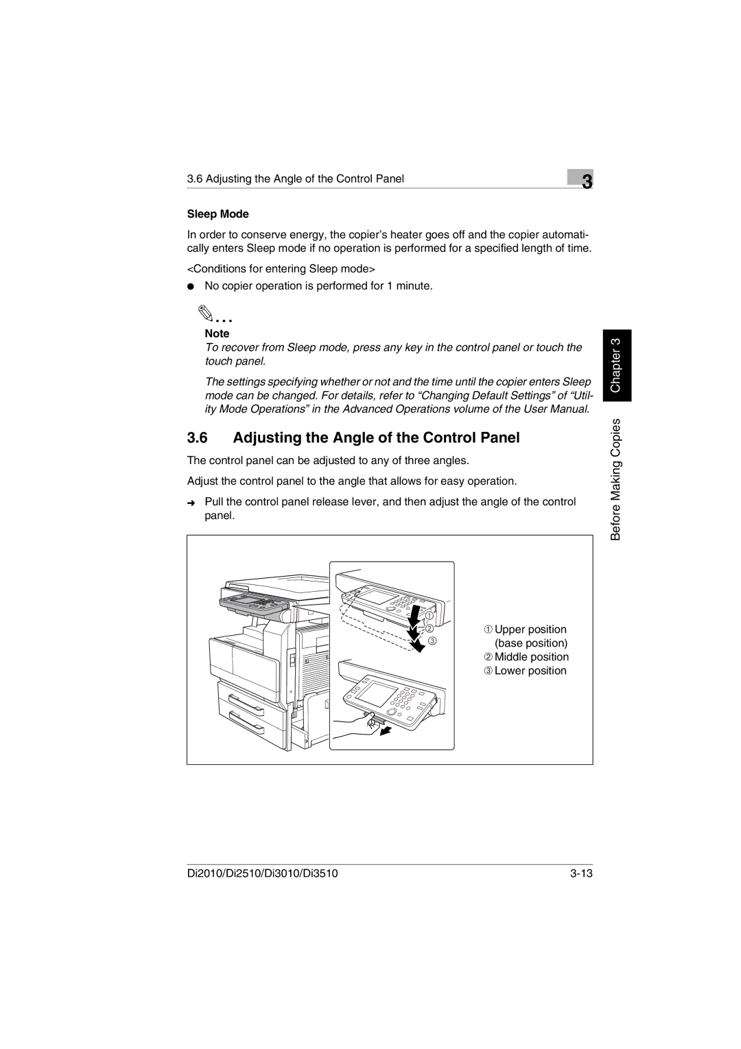 Minolta DI3010, DI2510, DI2010 Adjusting the Angle of the Control Panel, Sleep Mode, ➁ Middle position ➂ Lower position 