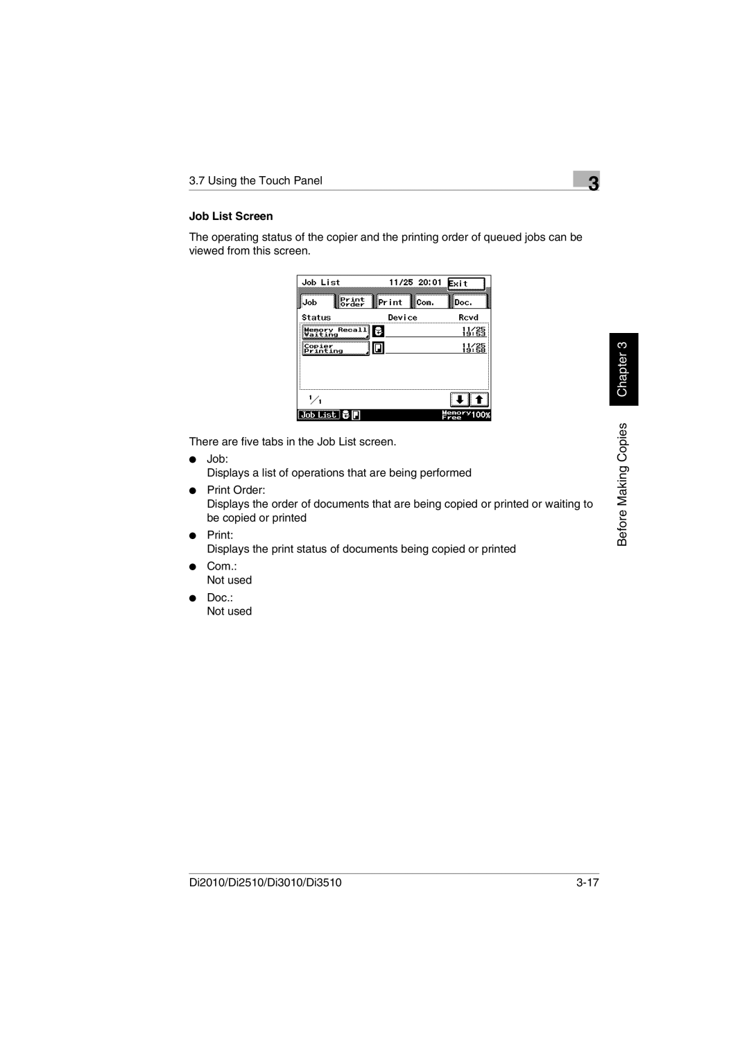 Minolta DI3010, DI2510, DI2010, Di3510 user manual Job List Screen 