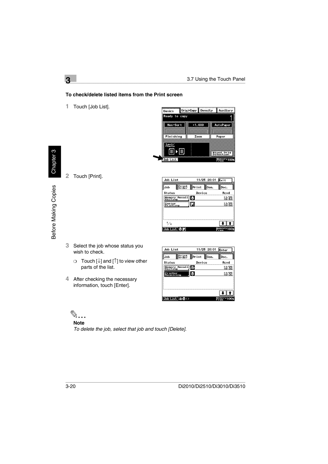 Minolta DI2010, DI2510, DI3010, Di3510 user manual To check/delete listed items from the Print screen 