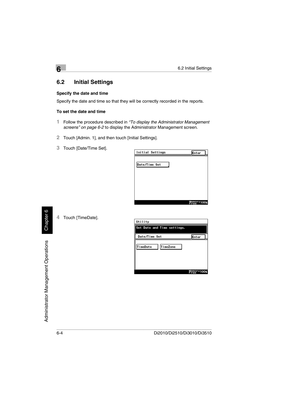 Minolta DI2010, DI2510, DI3010, Di3510 user manual Initial Settings, Specify the date and time, To set the date and time 