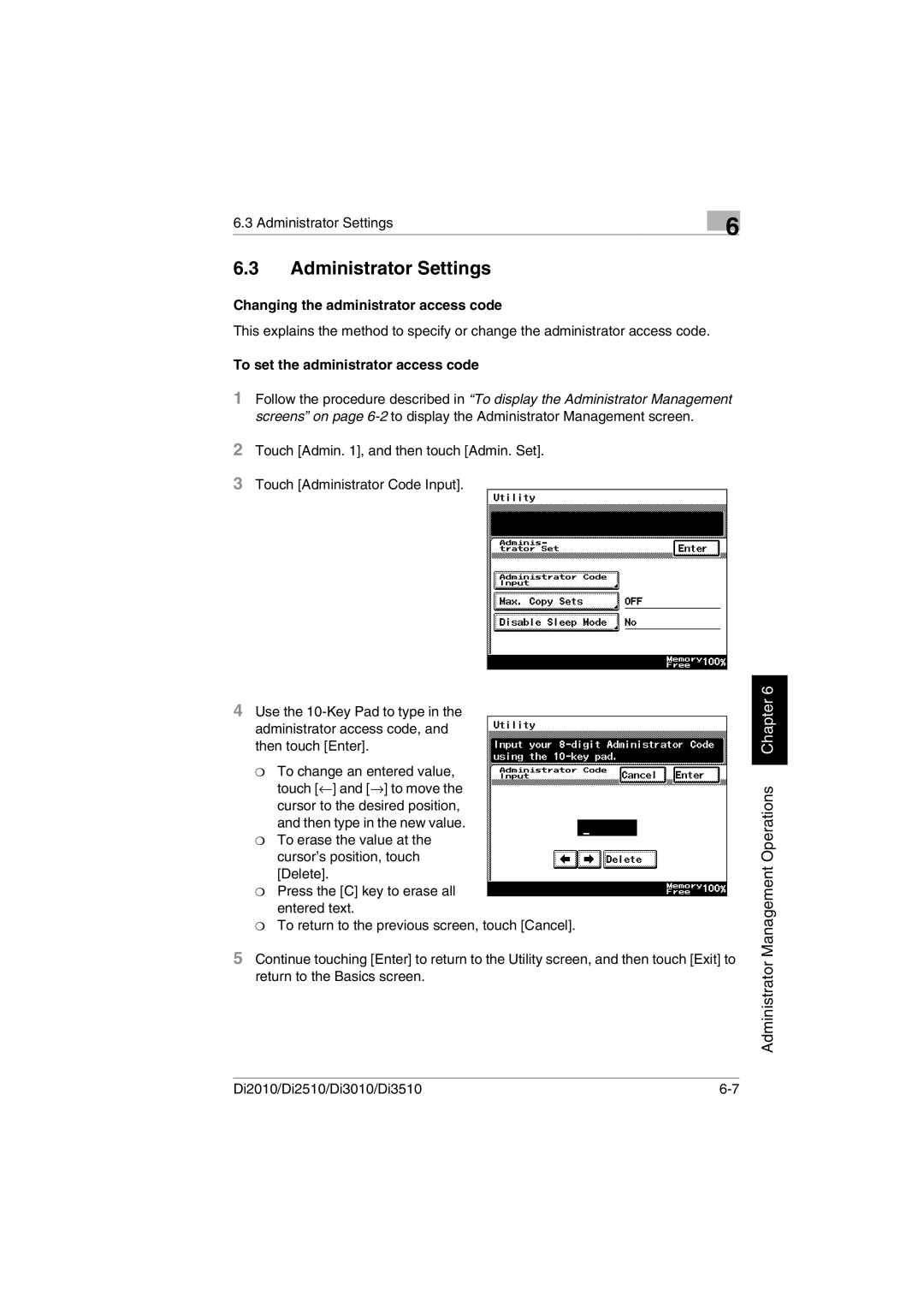 Minolta DI2510 Administrator Settings, Changing the administrator access code, To set the administrator access code 