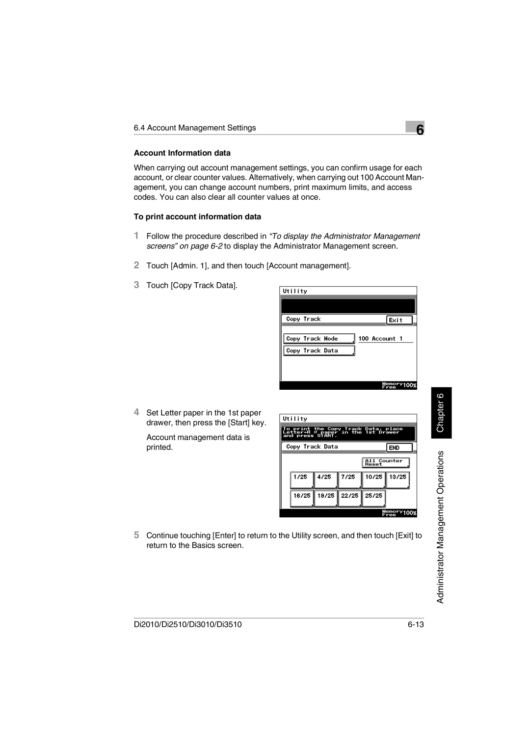 Minolta DI3010, DI2510, DI2010, Di3510 user manual Account Information data, To print account information data 