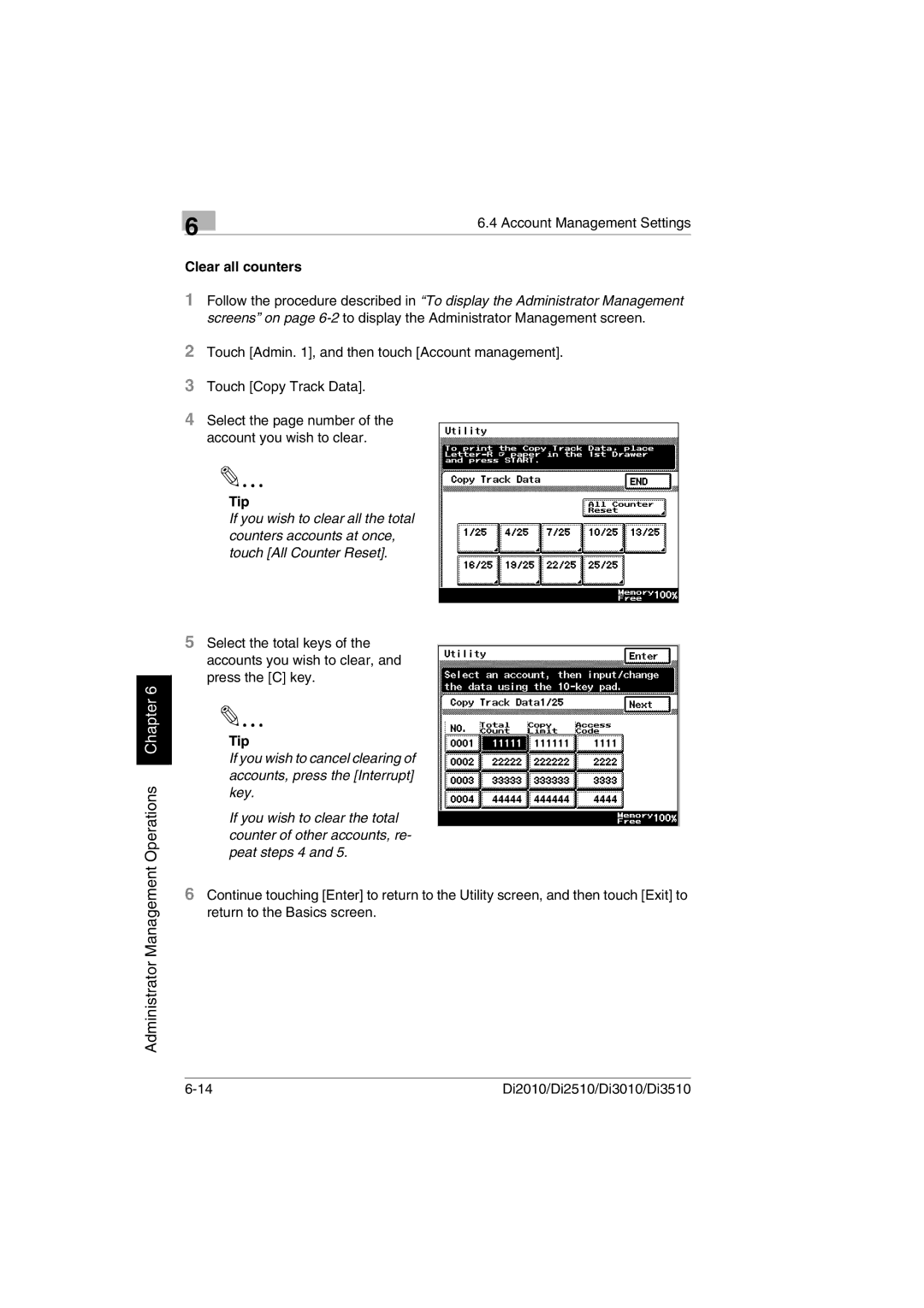 Minolta Di3510, DI2510, DI2010, DI3010 user manual Clear all counters, Tip 