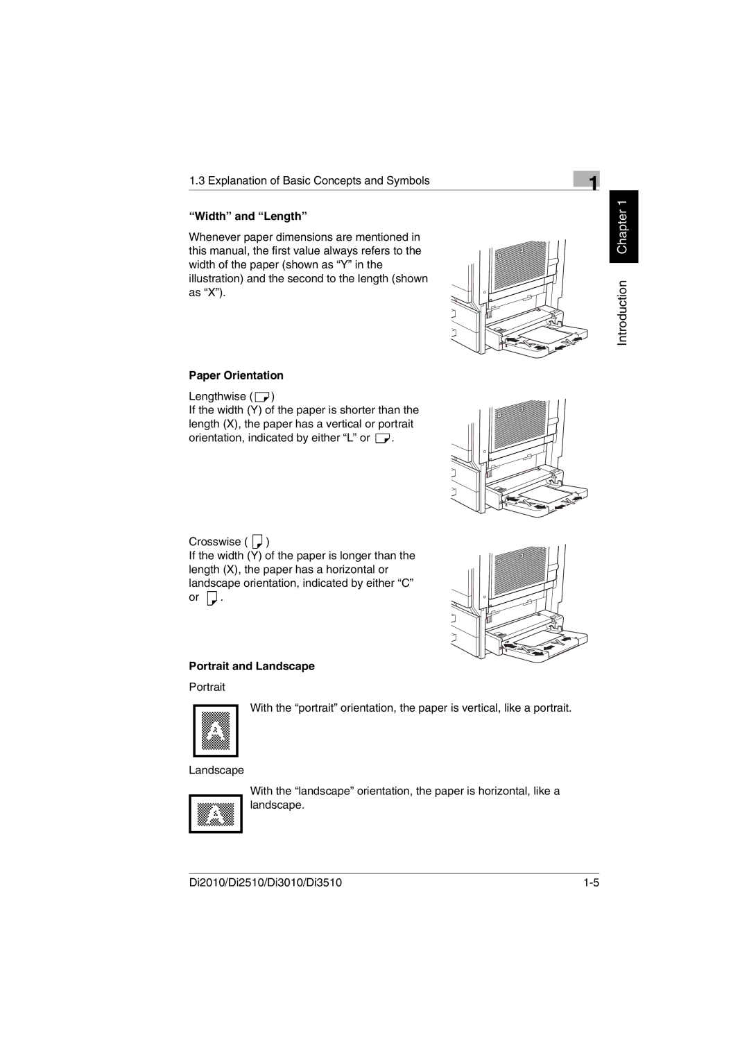 Minolta DI2510, DI2010, DI3010, Di3510 user manual Width and Length, Paper Orientation, Portrait and Landscape 