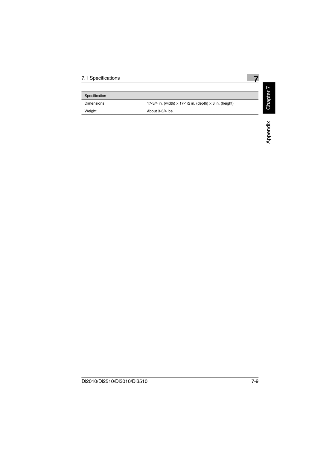 Minolta DI3010, DI2510, DI2010, Di3510 user manual Specification Dimensions 