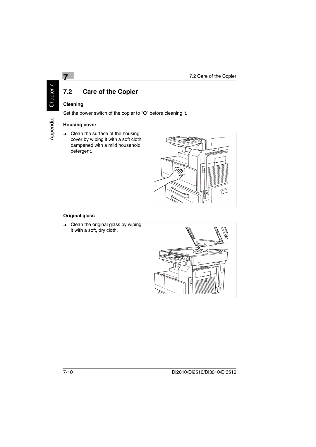 Minolta Di3510, DI2510, DI2010, DI3010 user manual Care of the Copier, Cleaning, Housing cover, Original glass 