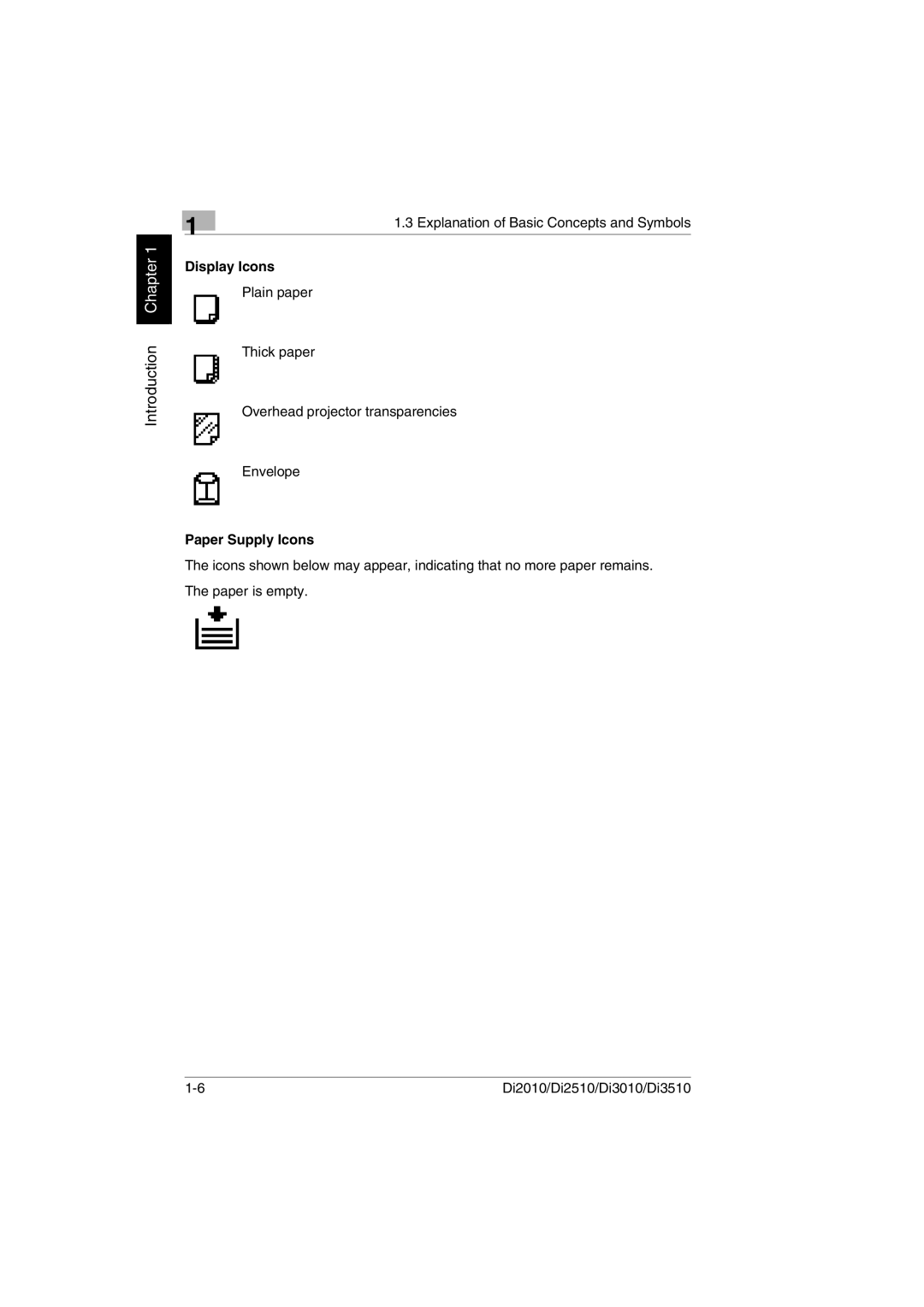 Minolta DI2010, DI2510, DI3010, Di3510 user manual Display Icons, Paper Supply Icons 