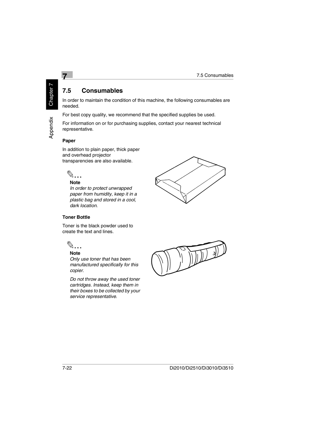 Minolta Di3510, DI2510, DI2010, DI3010 user manual Consumables, Paper, Toner Bottle 