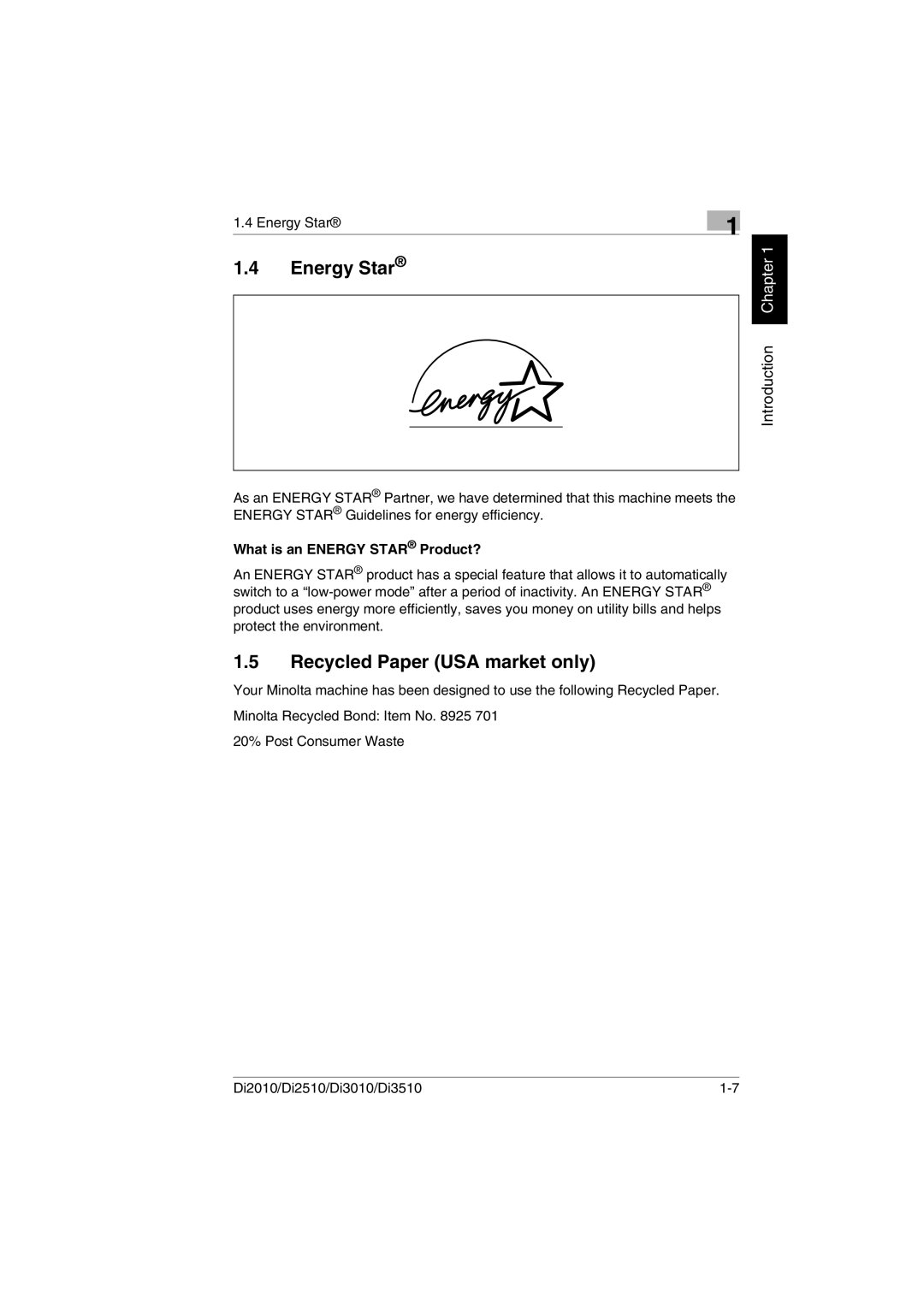 Minolta DI3010, DI2510, DI2010, Di3510 user manual Recycled Paper USA market only, What is an Energy Star Product? 