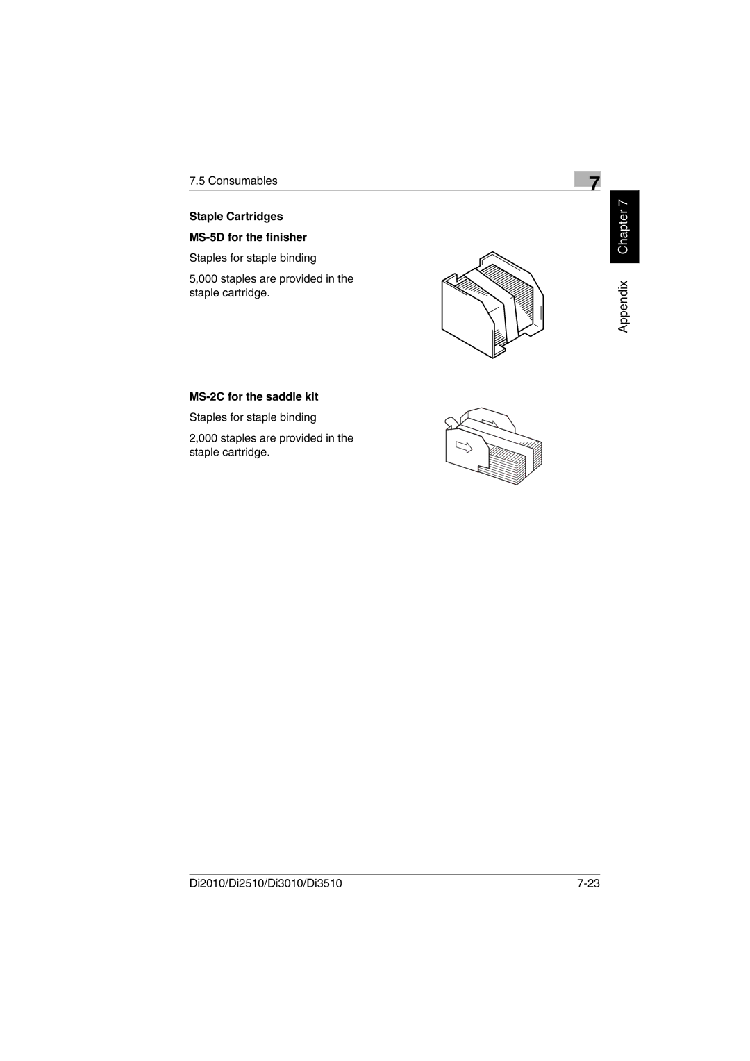 Minolta DI2510, DI2010, DI3010, Di3510 user manual Staple Cartridges MS-5D for the finisher, MS-2C for the saddle kit 