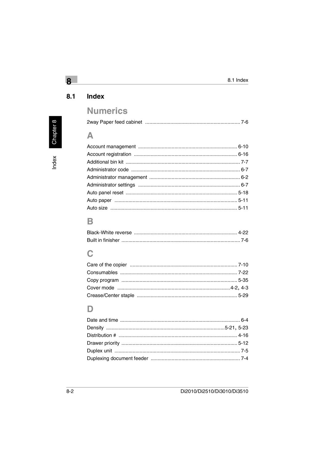 Minolta Di3510, DI2510, DI2010, DI3010 user manual Numerics, Index 