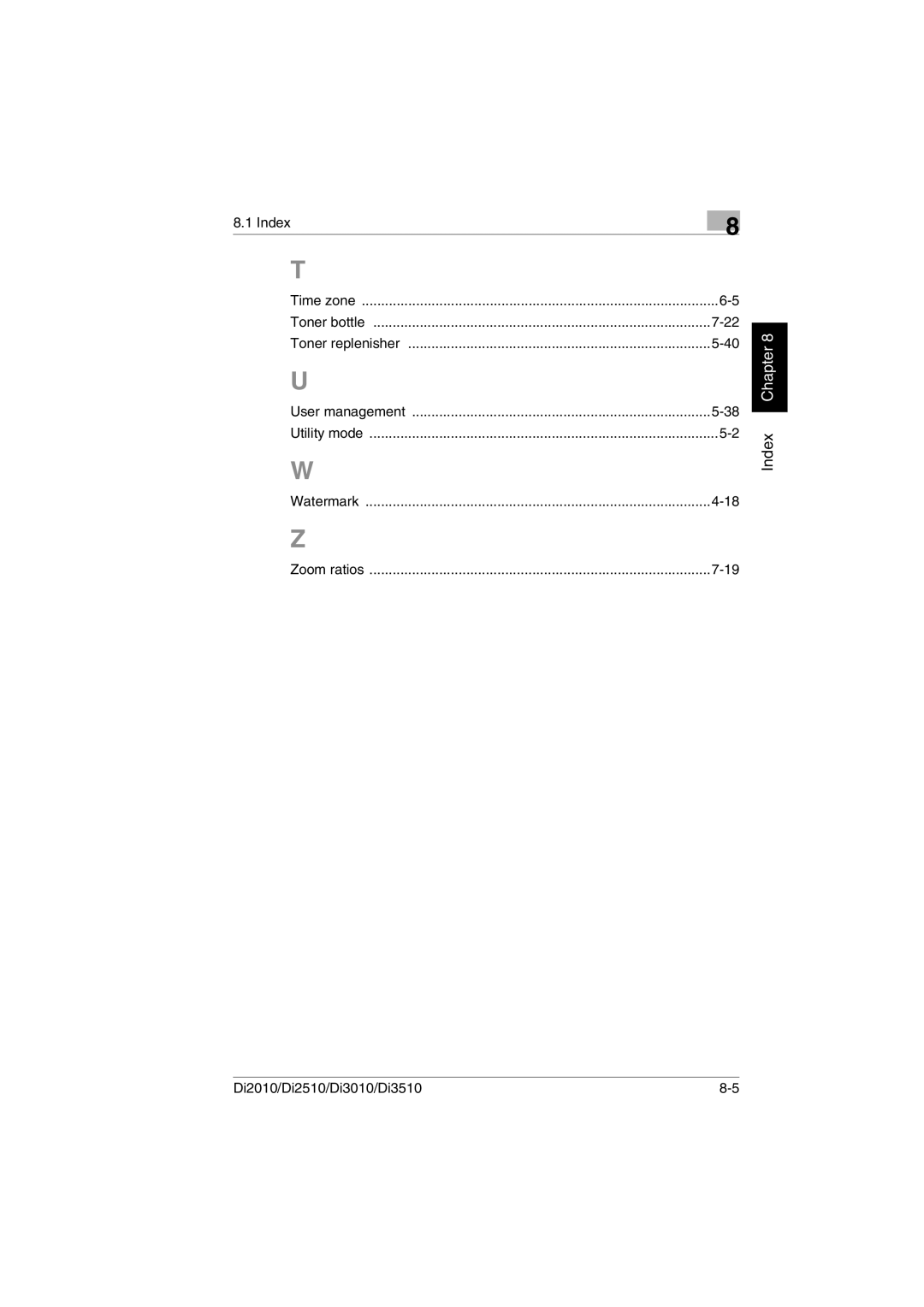 Minolta DI3010, DI2510, DI2010, Di3510 user manual Index Chapter 