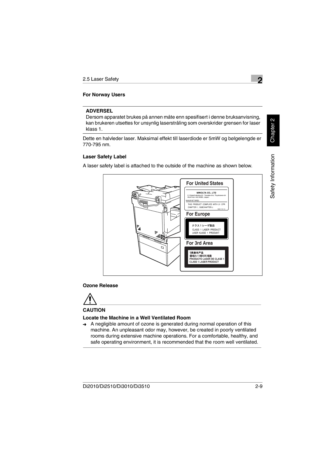 Minolta DI2510, DI2010, DI3010, Di3510 For Norway Users, Laser Safety Label, For United States, For Europe, For 3rd Area 