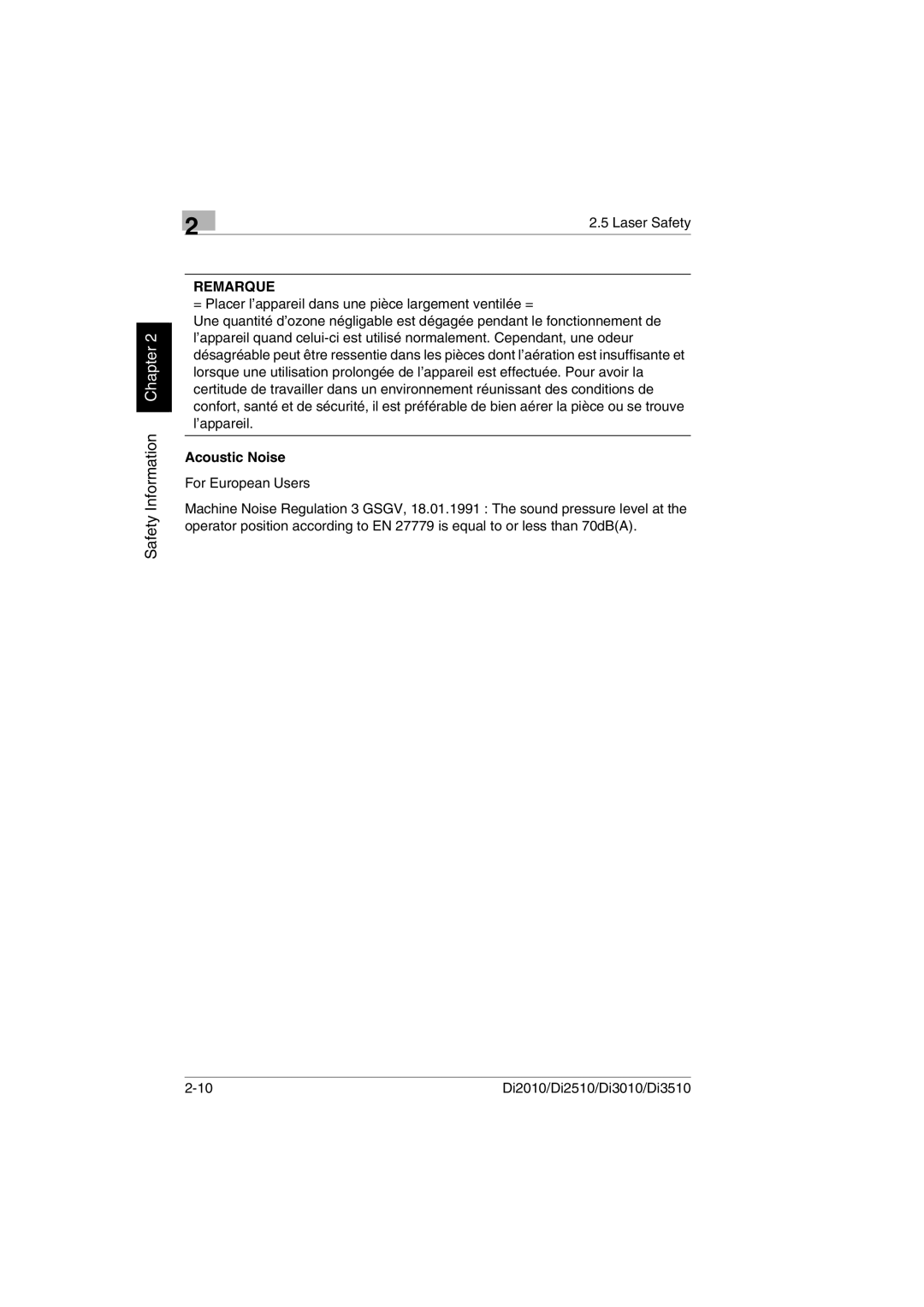 Minolta DI2010, DI2510, DI3010, Di3510 user manual Remarque, Acoustic Noise 