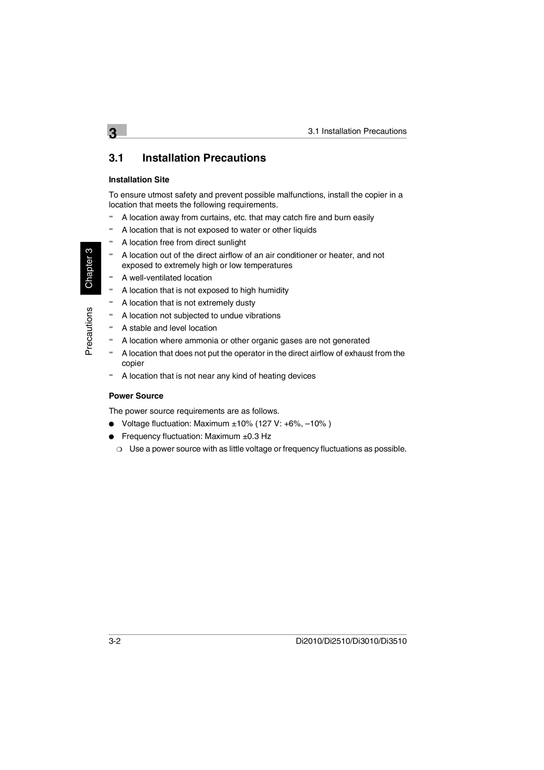 Minolta Di3510, DI2510, DI2010, DI3010 user manual Installation Precautions, Installation Site, Power Source 