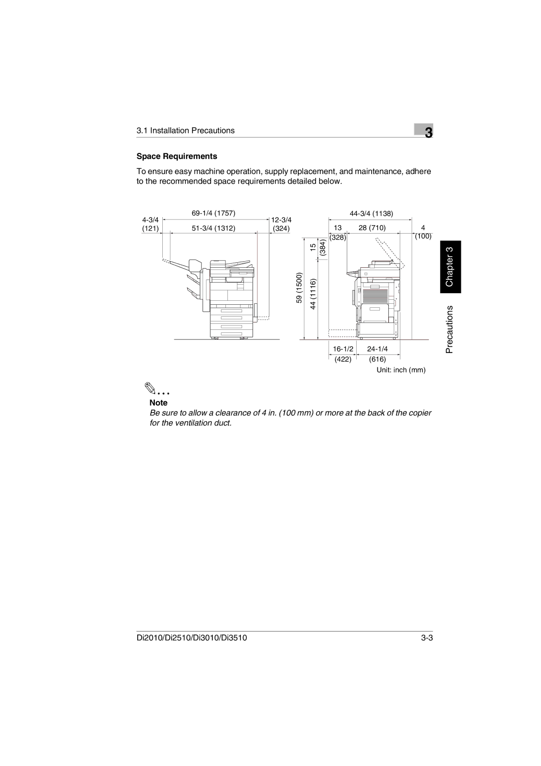 Minolta DI2510, DI2010, DI3010, Di3510 user manual Space Requirements 