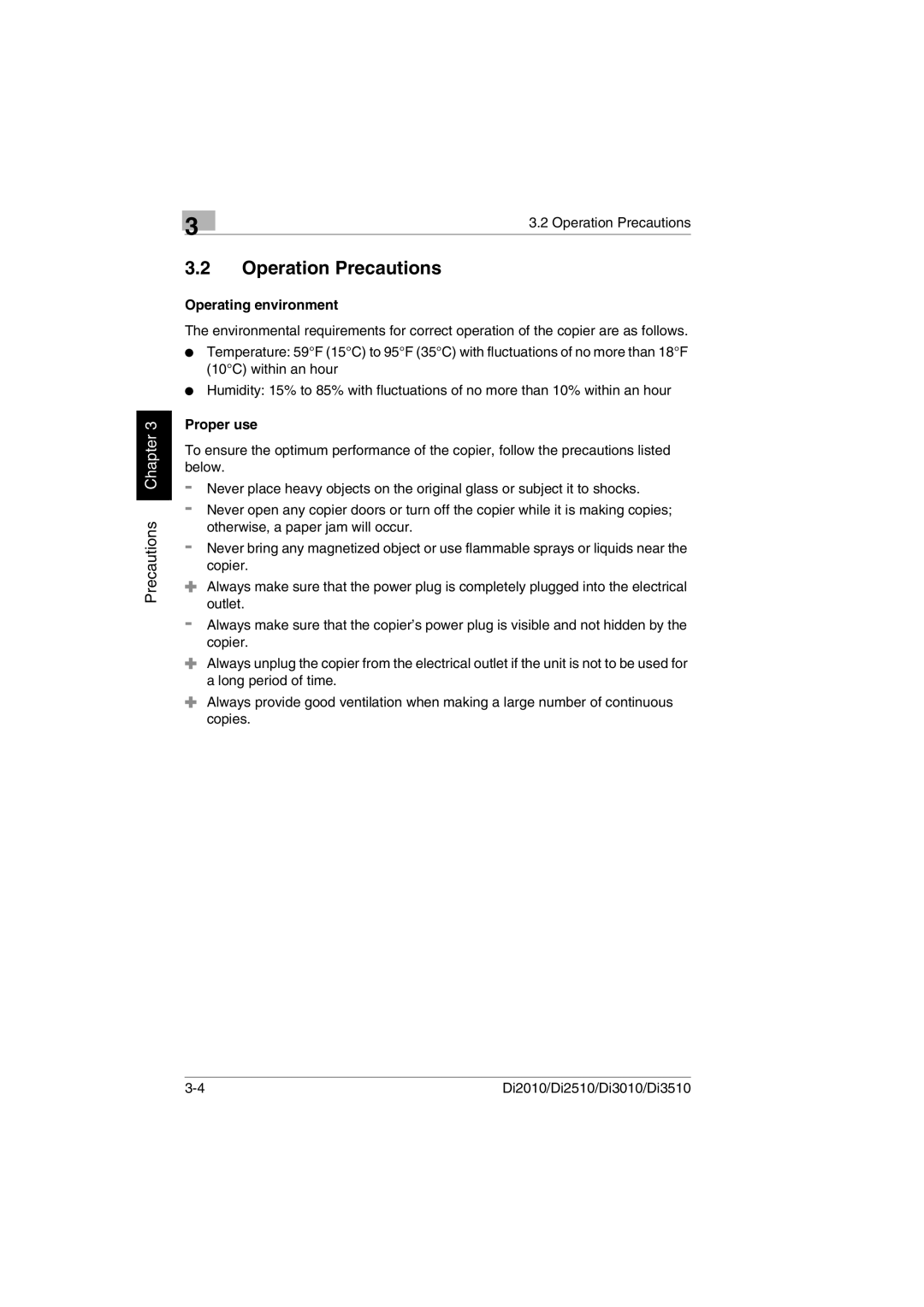 Minolta DI2010, DI2510, DI3010, Di3510 user manual Operation Precautions, Operating environment, Proper use 