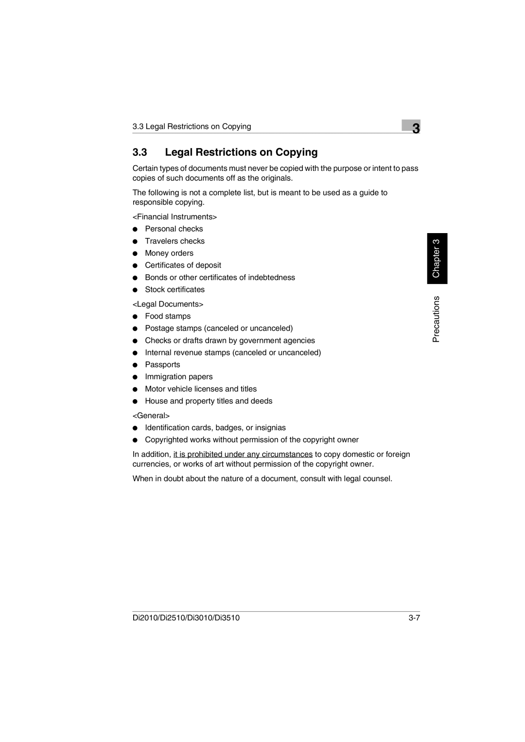 Minolta DI2510, DI2010, DI3010, Di3510 user manual Legal Restrictions on Copying 