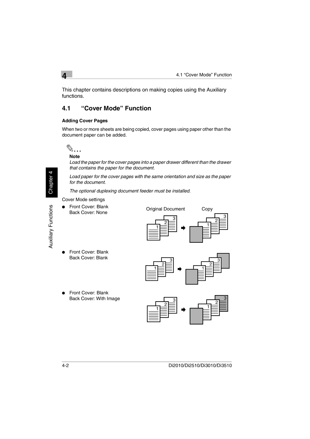 Minolta Di3510, DI2510, DI2010, DI3010 user manual Cover Mode Function, Adding Cover Pages 