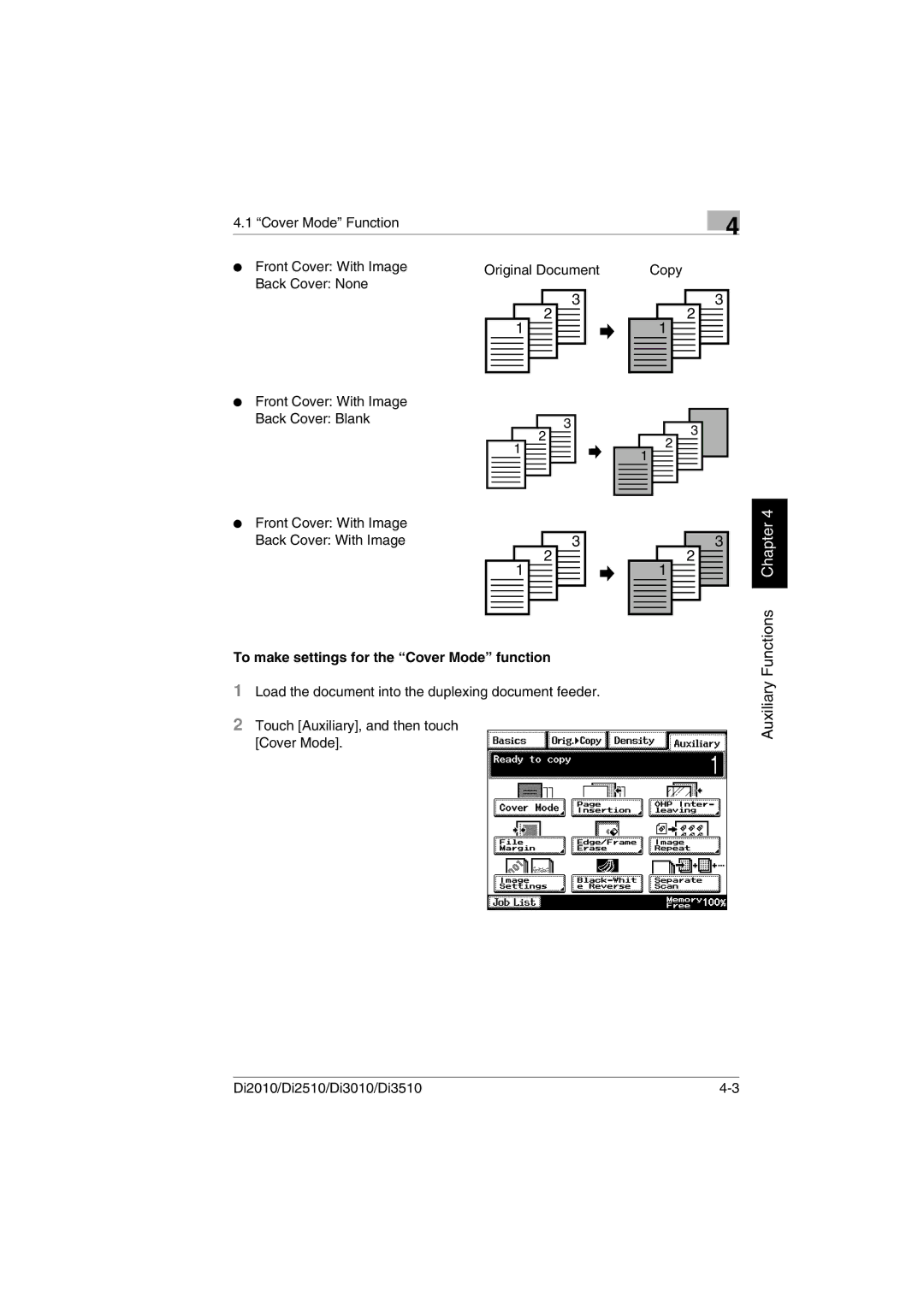 Minolta DI2510, DI2010, DI3010, Di3510 user manual To make settings for the Cover Mode function 