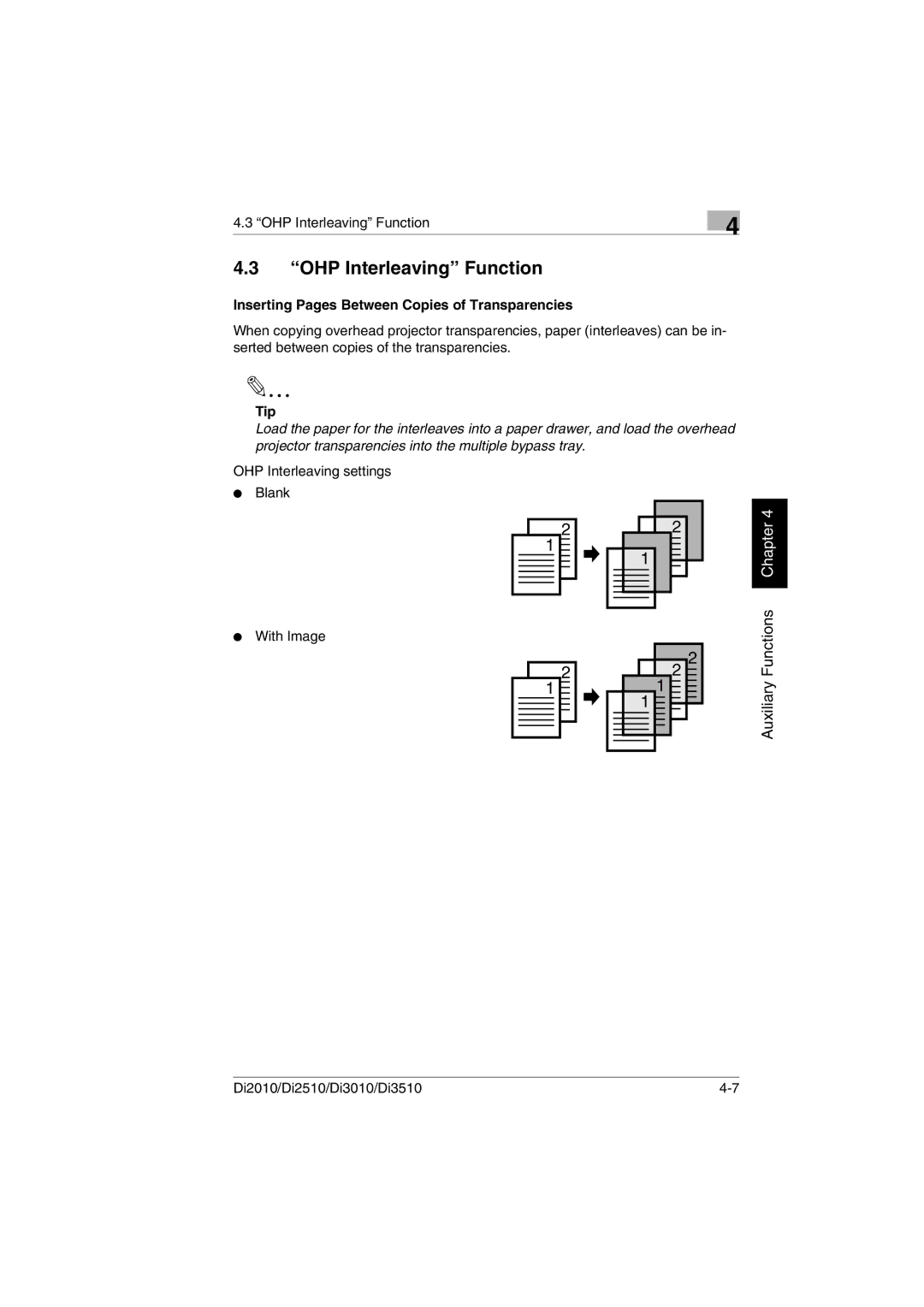 Minolta DI2510, DI2010, DI3010, Di3510 user manual OHP Interleaving Function, Inserting Pages Between Copies of Transparencies 