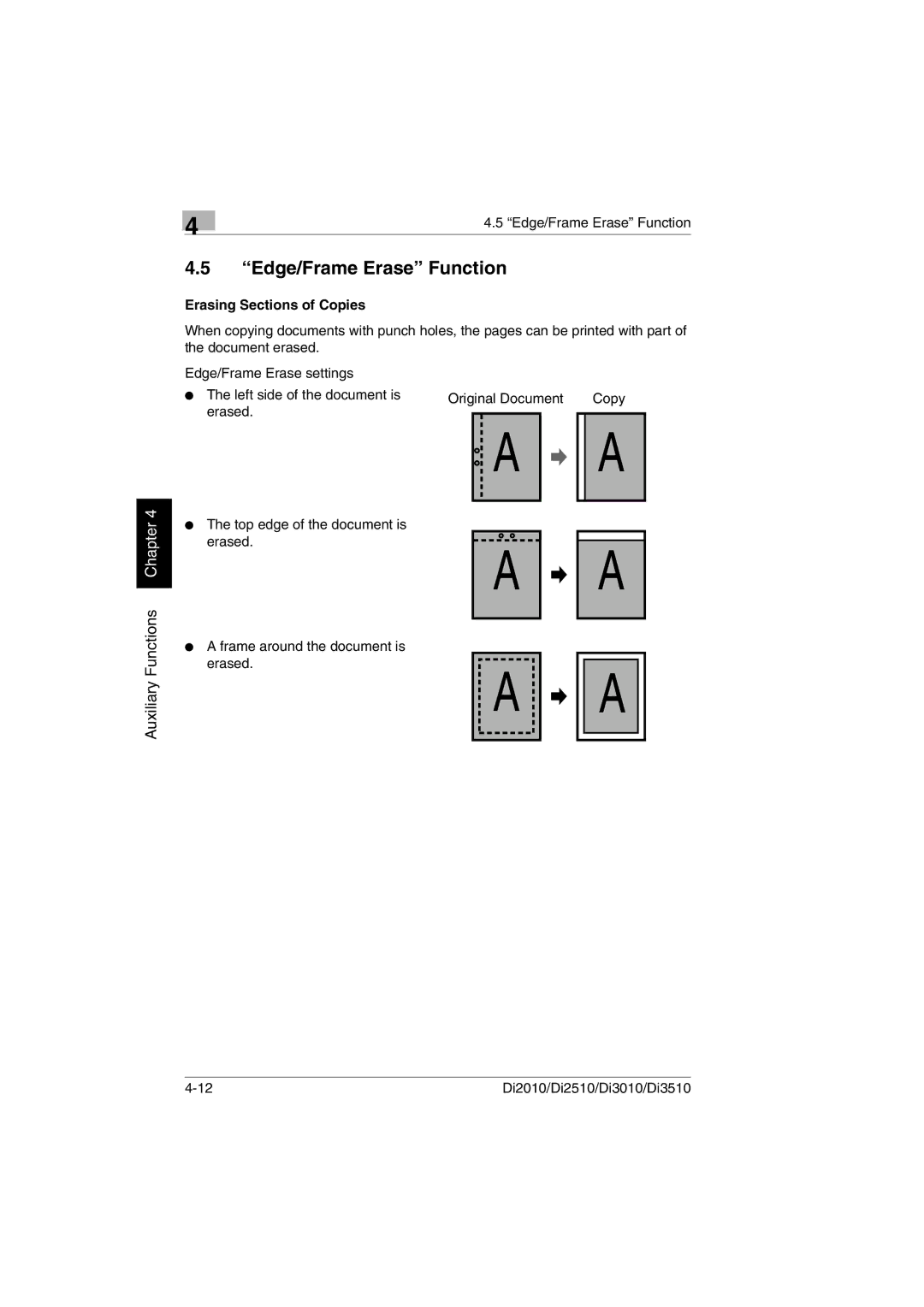 Minolta DI2010, DI2510, DI3010, Di3510 user manual Edge/Frame Erase Function, Erasing Sections of Copies 