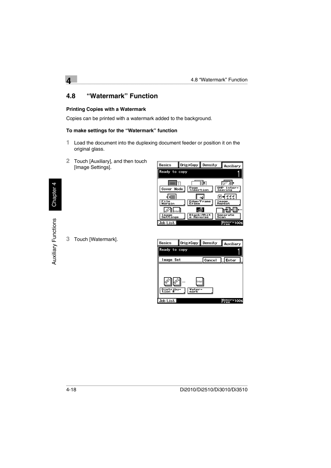 Minolta Di3510, DI2510 Watermark Function, Printing Copies with a Watermark, To make settings for the Watermark function 