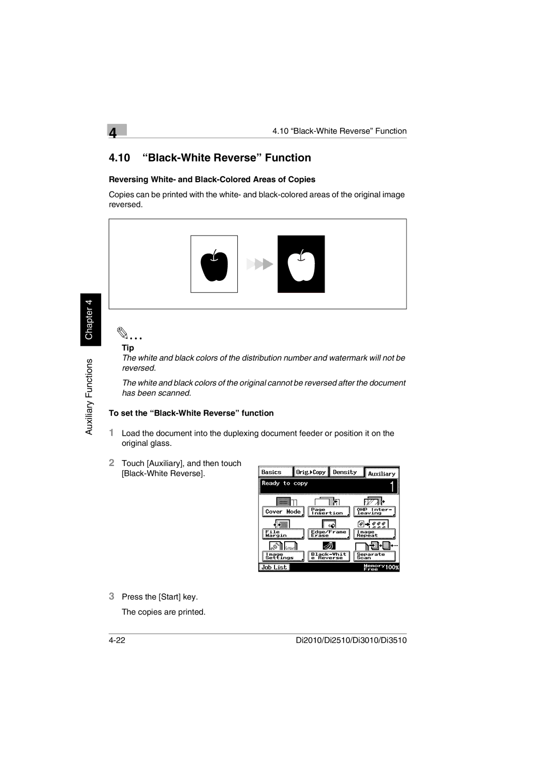 Minolta Di3510, DI2510, DI2010, DI3010 Black-White Reverse Function, Reversing White- and Black-Colored Areas of Copies 