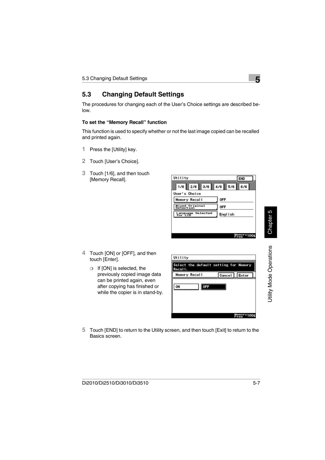 Minolta DI2510, DI2010, DI3010, Di3510 user manual Changing Default Settings, To set the Memory Recall function 