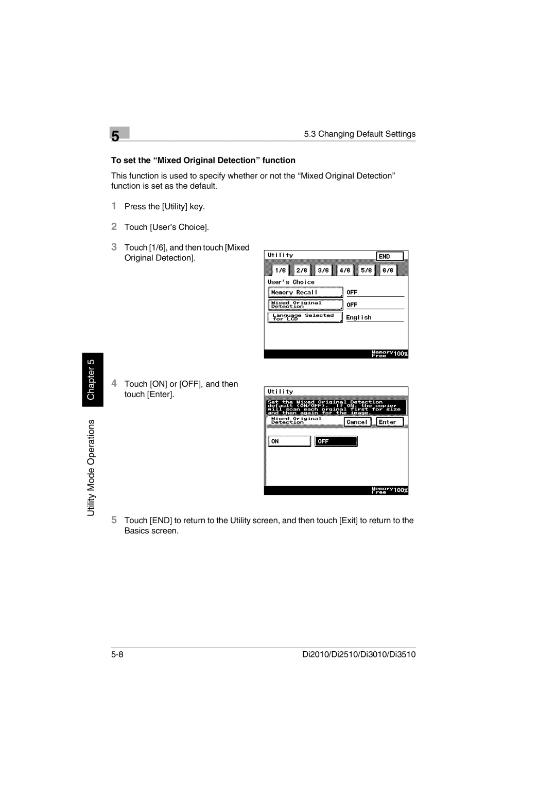 Minolta DI2010, DI2510, DI3010, Di3510 user manual To set the Mixed Original Detection function 