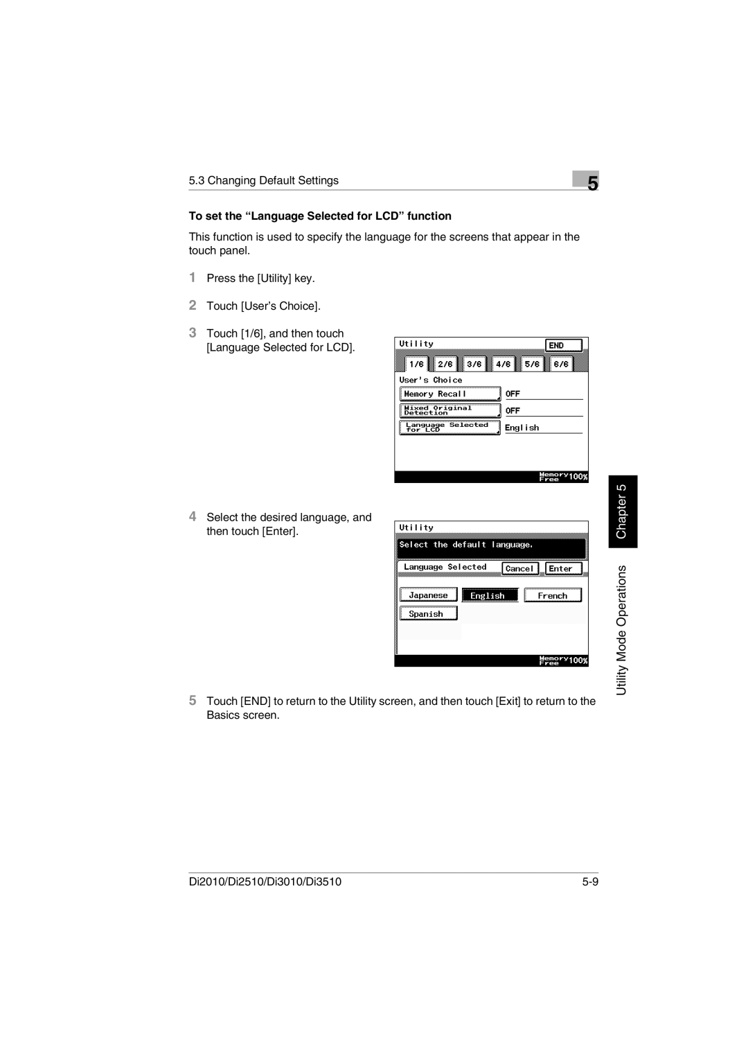 Minolta DI3010, DI2510, DI2010, Di3510 user manual To set the Language Selected for LCD function 