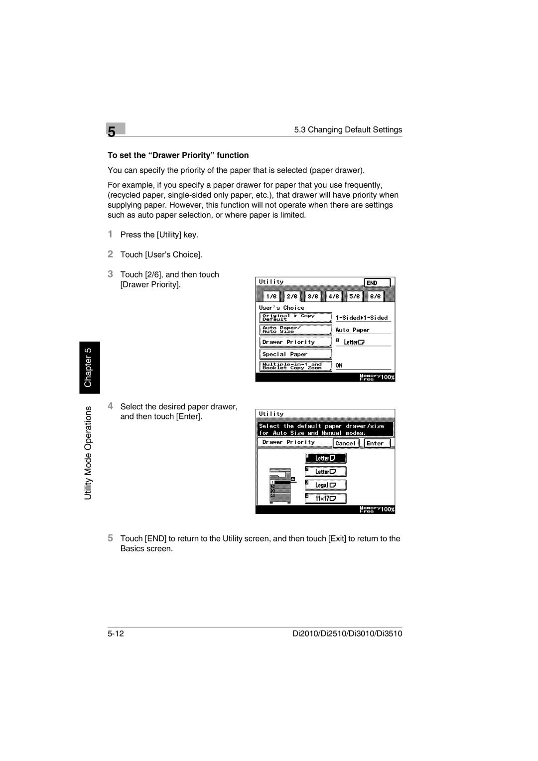 Minolta DI2010, DI2510, DI3010, Di3510 user manual To set the Drawer Priority function 