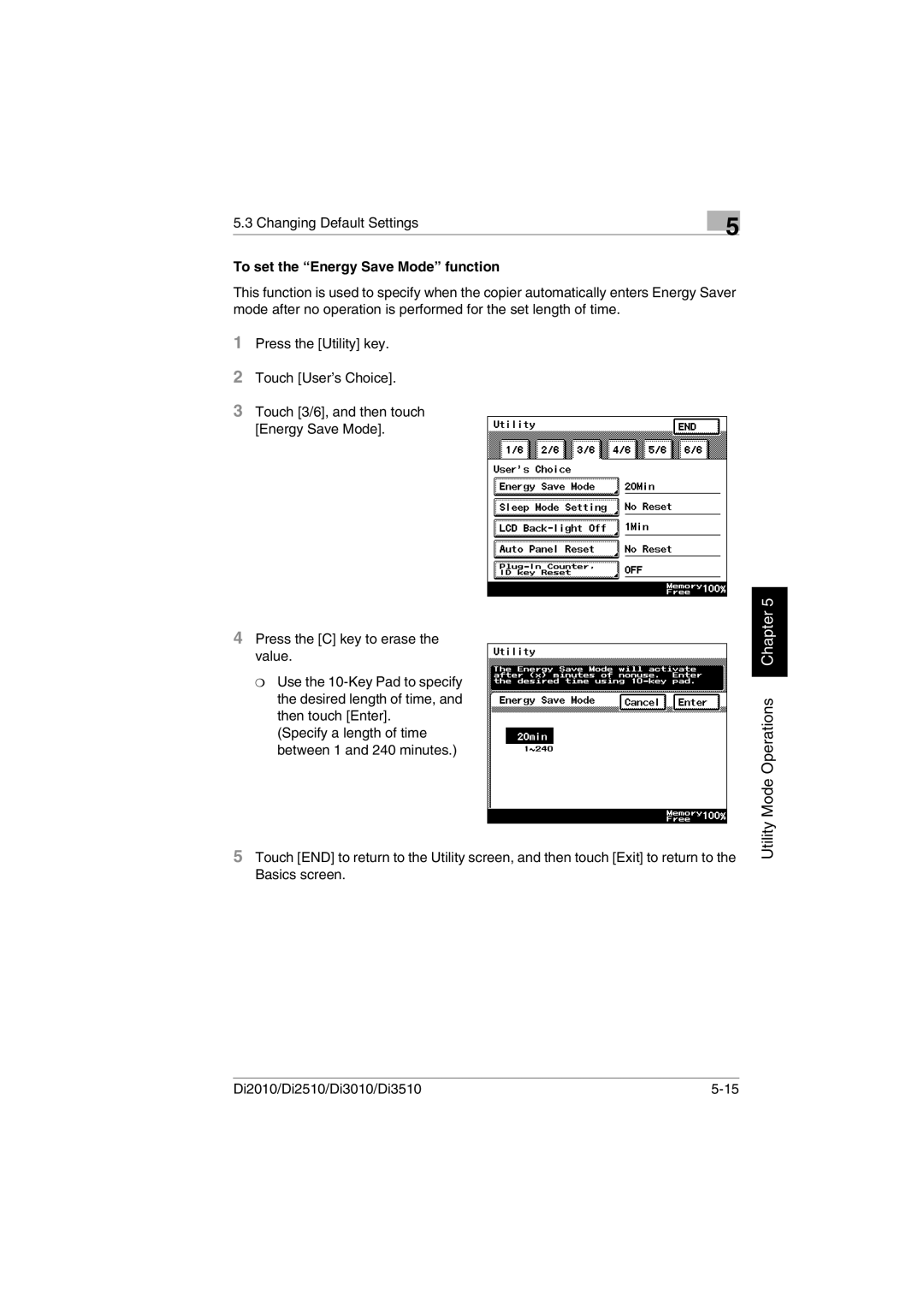 Minolta DI2510, DI2010, DI3010, Di3510 user manual To set the Energy Save Mode function 