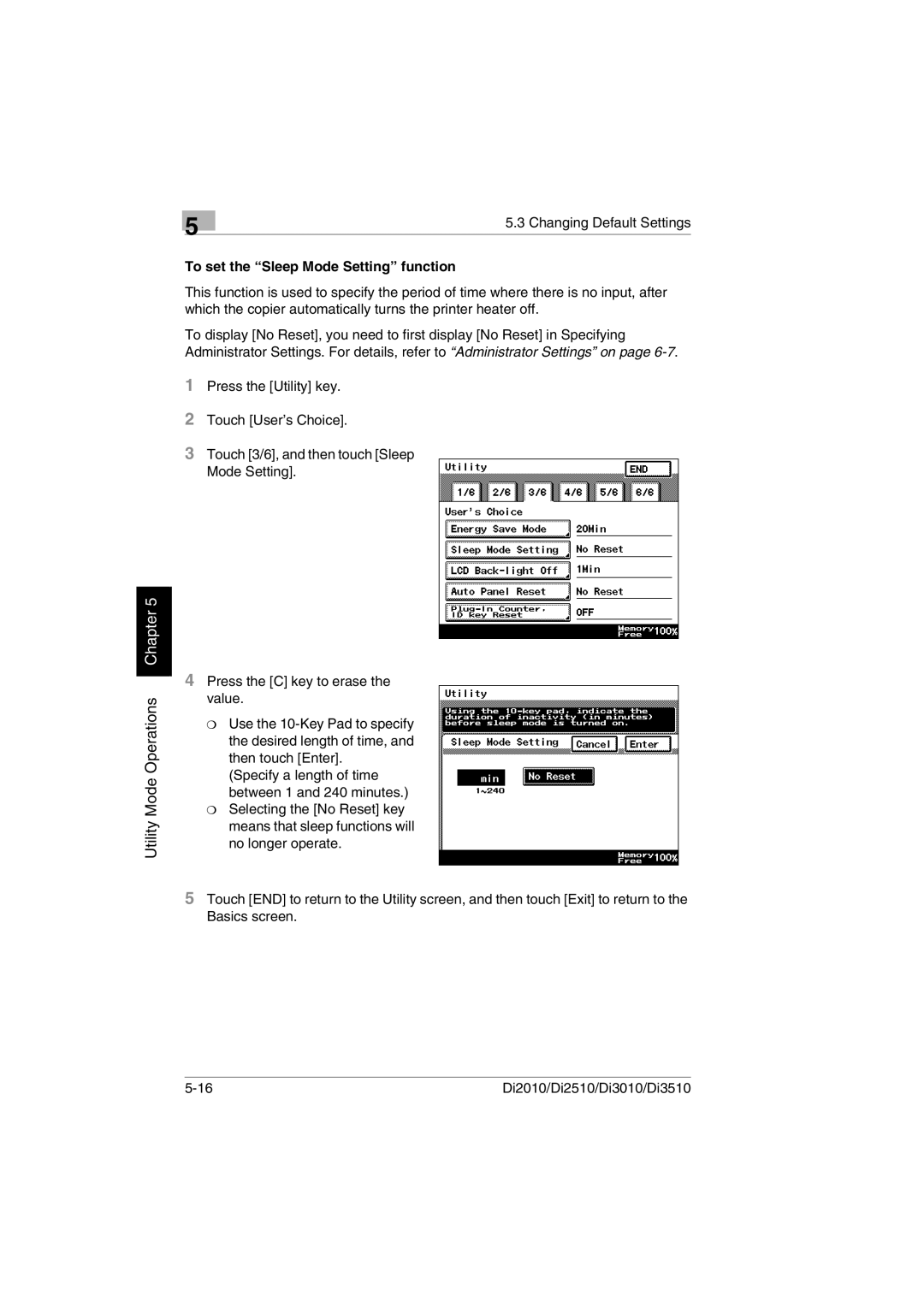 Minolta DI2010, DI2510, DI3010, Di3510 user manual To set the Sleep Mode Setting function 