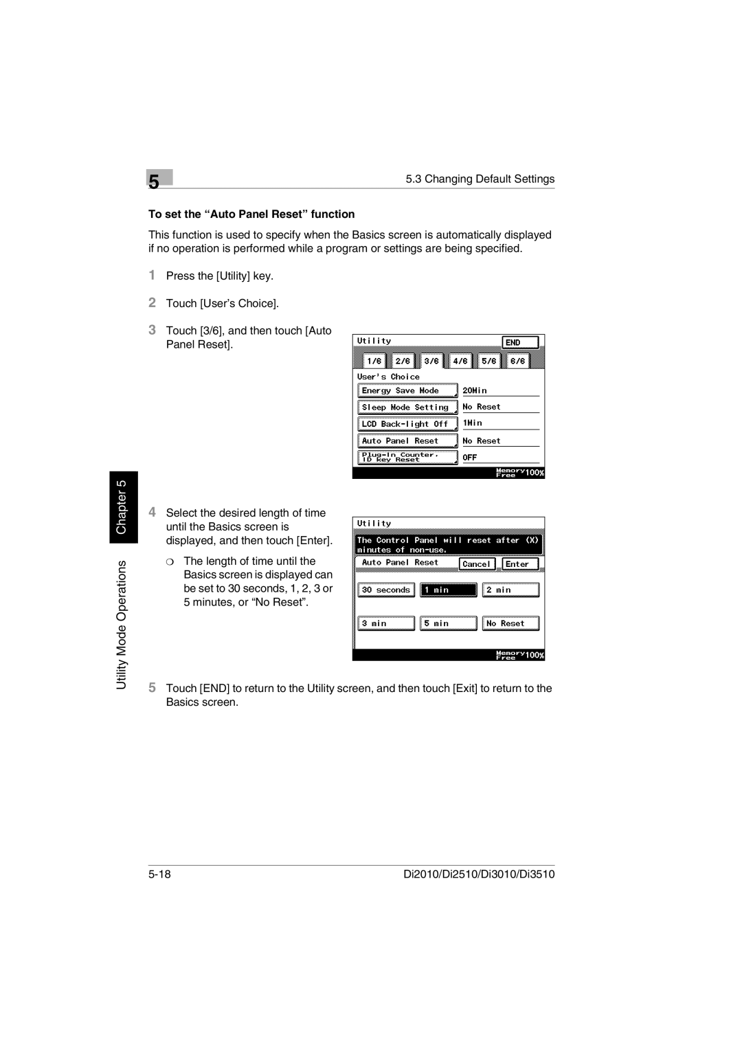 Minolta Di3510, DI2510, DI2010, DI3010 user manual To set the Auto Panel Reset function 