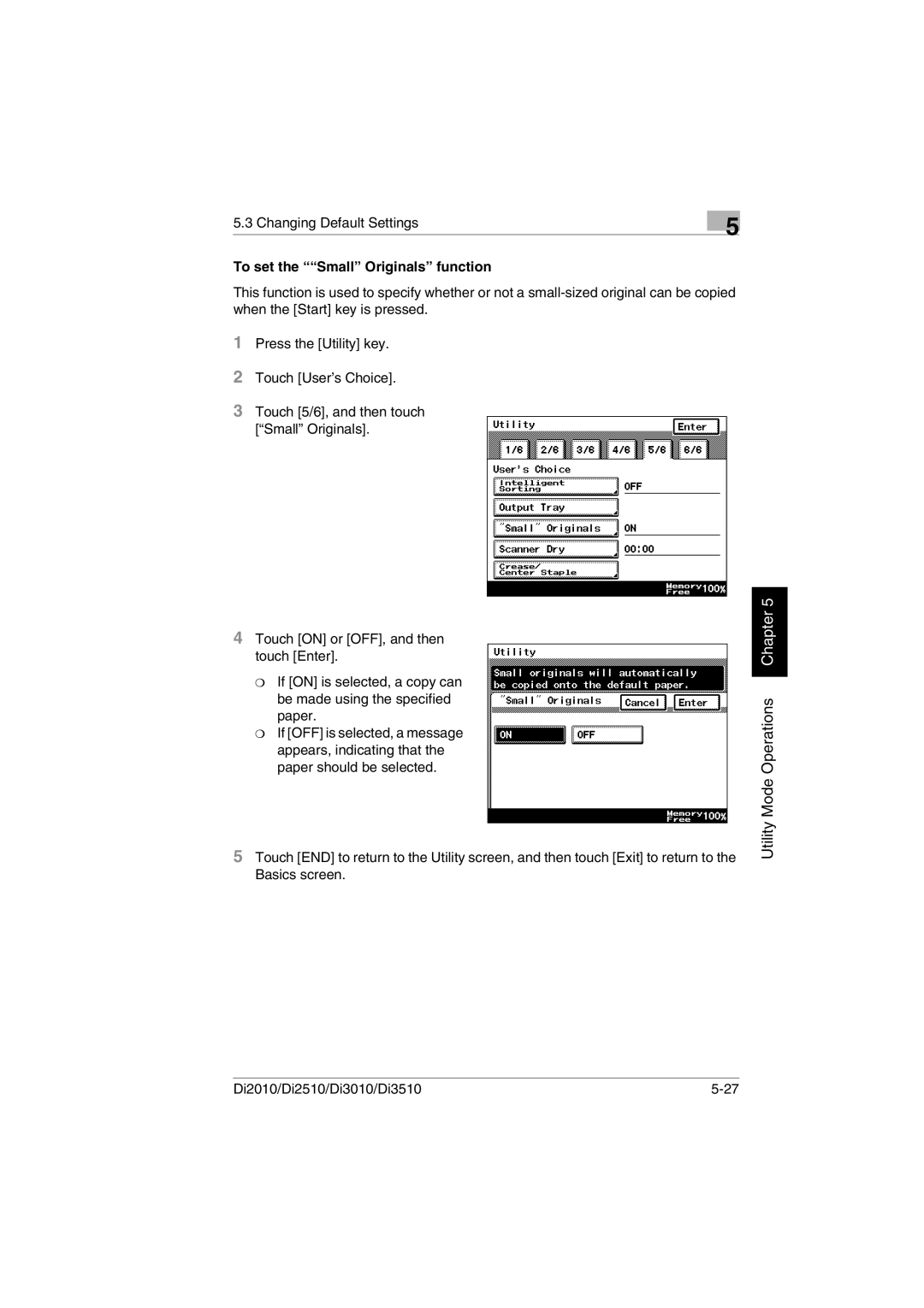 Minolta DI2510, DI2010, DI3010, Di3510 user manual To set the Small Originals function 