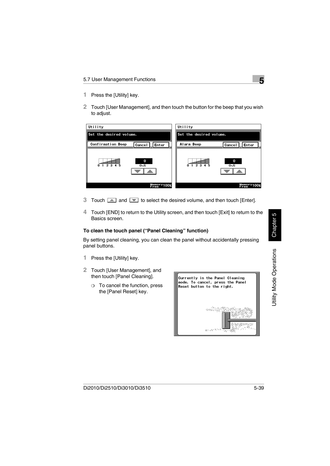 Minolta DI2510, DI2010, DI3010, Di3510 user manual To clean the touch panel Panel Cleaning function 