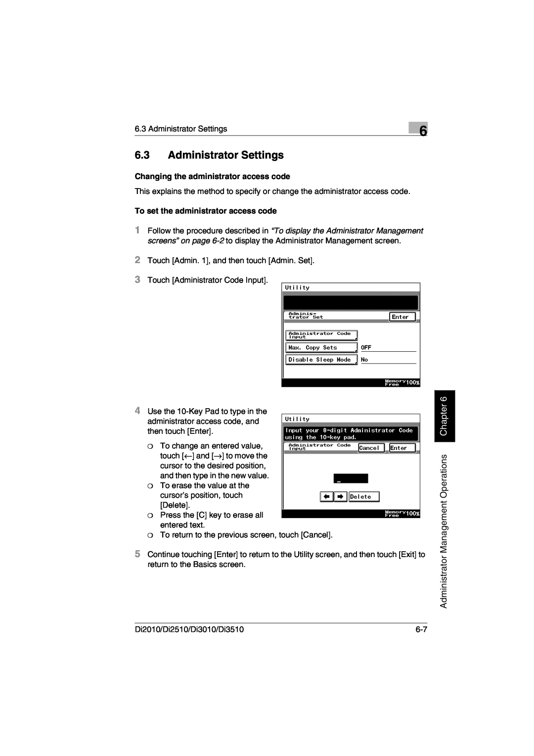 Minolta DI2510 Administrator Settings, Administrator Management Operations Chapter, Changing the administrator access code 