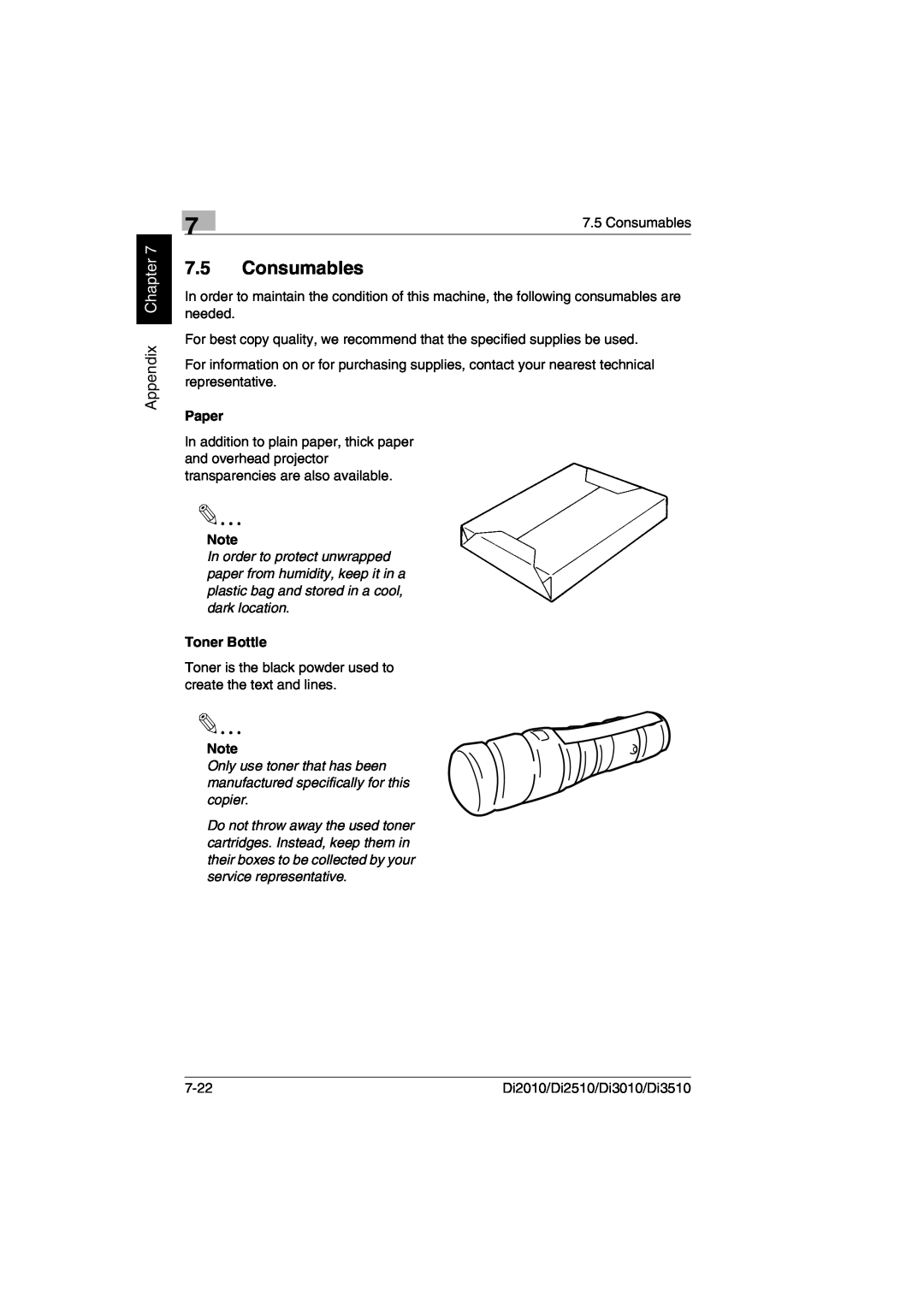 Minolta Di3510, DI2510, DI2010, DI3010 user manual Consumables, Appendix Chapter, Paper, Toner Bottle 