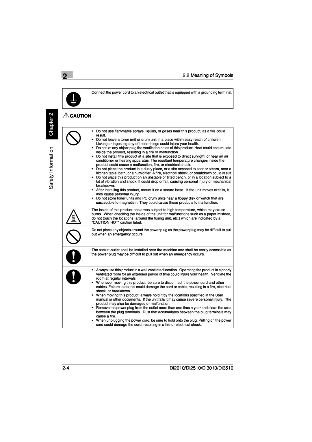 Minolta DI2510, DI2010, DI3010 user manual Safety Information Chapter, Meaning of Symbols, Di2010/Di2510/Di3010/Di3510 