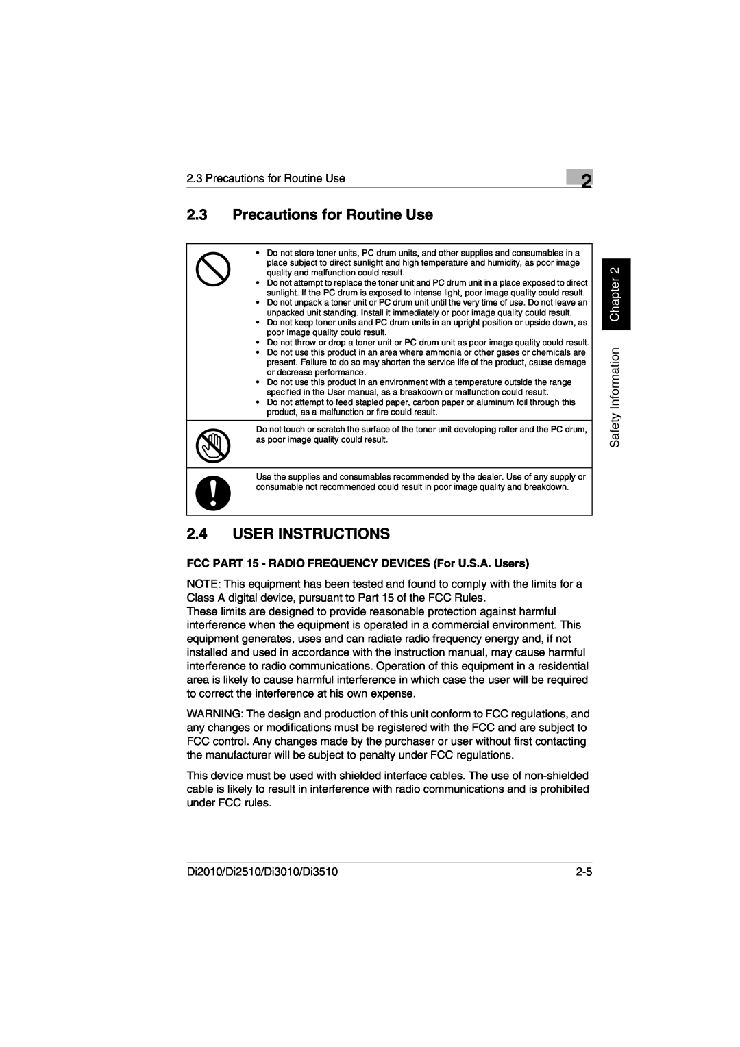 Minolta DI2510, DI2010, DI3010, Di3510 user manual Precautions for Routine Use, User Instructions, Safety Information Chapter 