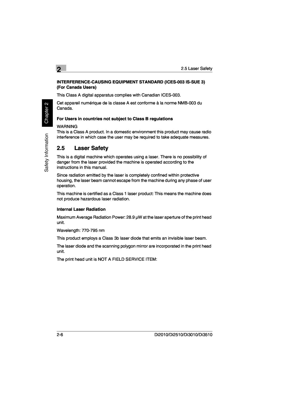 Minolta DI2010, DI2510 Laser Safety, Safety Information Chapter, For Users in countries not subject to Class B regulations 